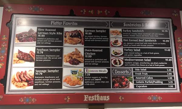 Das Festhaus menu board at Busch Gardens Williamsburg.