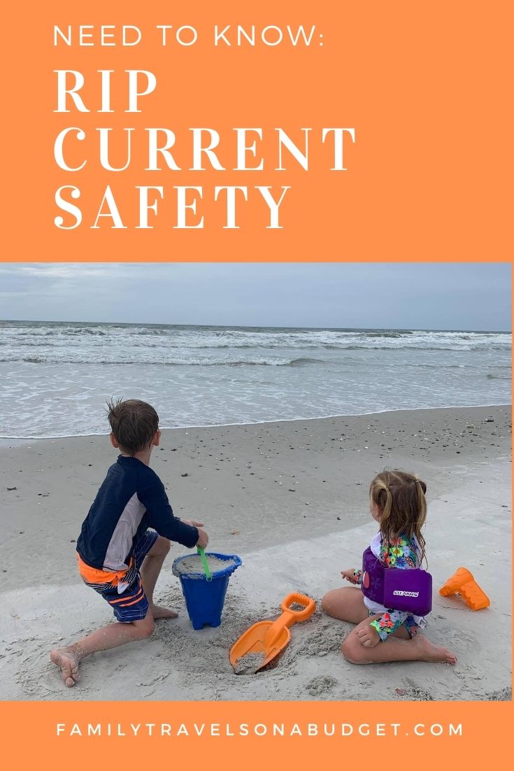 How to survive rip currents image for pinterest with kids on a beach and title "Rip current safety".