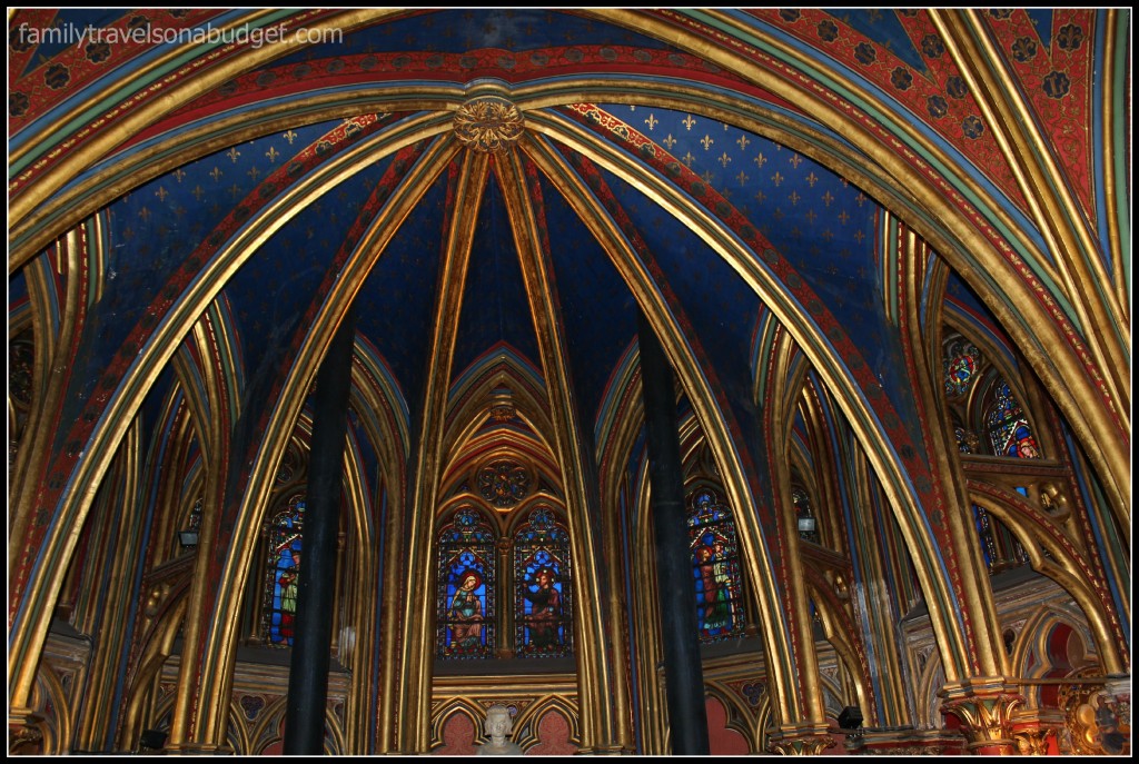 Ceiling detail at Sainte Chapelle, with support beams to stabilize the cathedral showing.