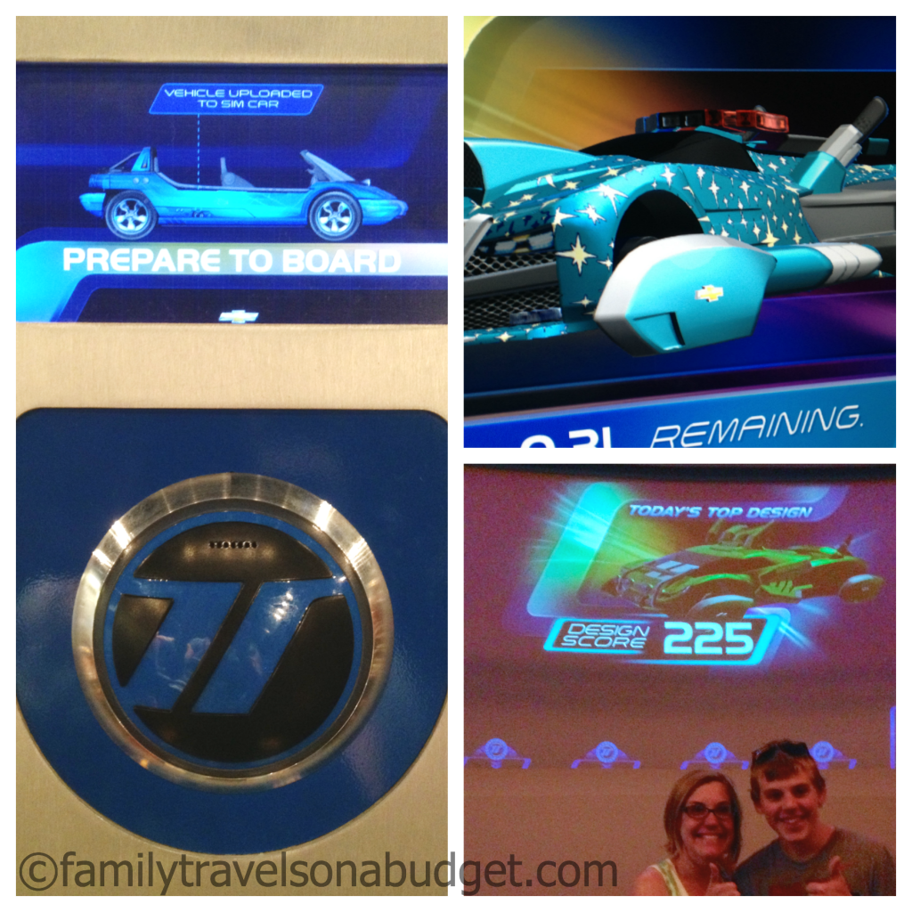 Left side: loading station to enter your vehicle data into the car's computer. Right top: one of our car designs. Bottom right: Ben and I made high score at Epcot's Test Track for the whole day!
