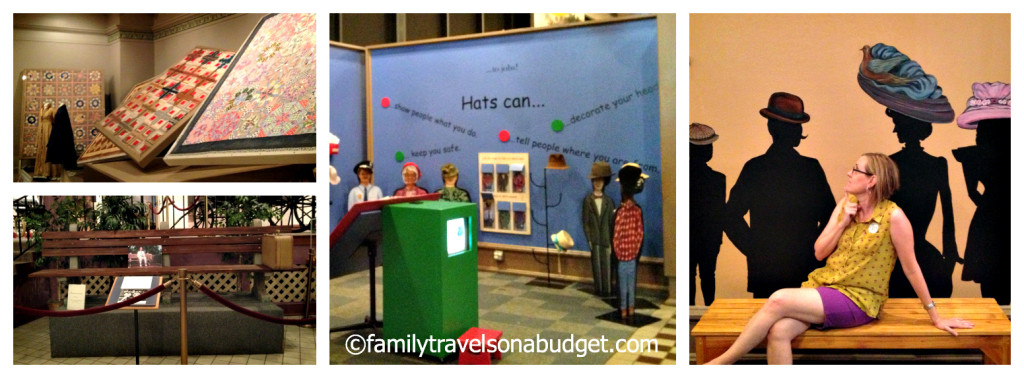 Collage of images at the Savannah History Museum, including quilts, the bench from Forrest Gump and kids' areas.