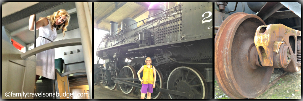 Photo collage of train engines at the Georgia State Railroad Museum in Savannah.