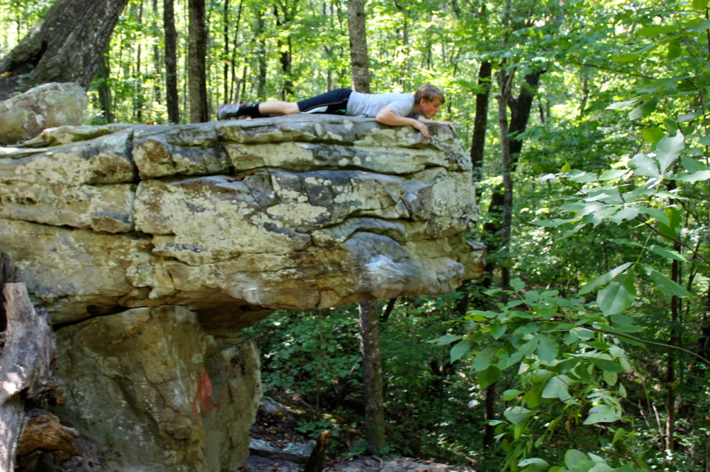 Looking over the edge of a rock at the Hoover forest preserve in Alabama.