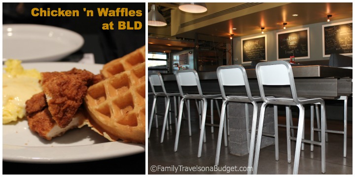 BLD restaurant photo collage of chicken and waffles and bar seating area.