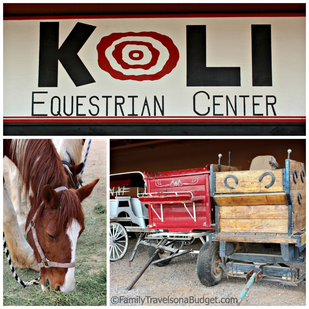 Photo collage of Koli Equestrian Center in Chandler, AZ with sign, horse closeup and wagons.