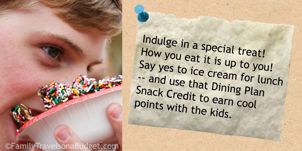 Boy with face in bowl of ice cream and the advice to use snack credits for afternoon treats.