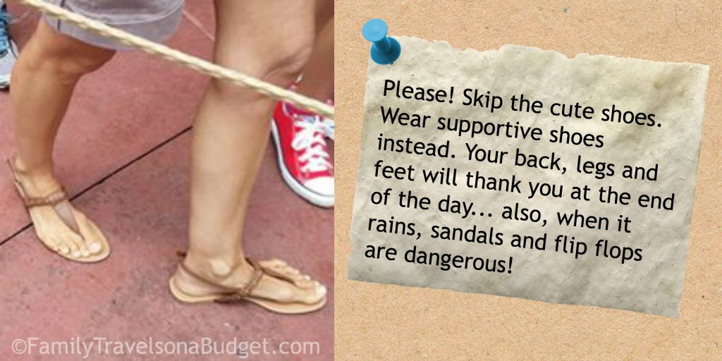 Lady in sandals with advice to skip cute shoes and wear sensible shoes in the parks.