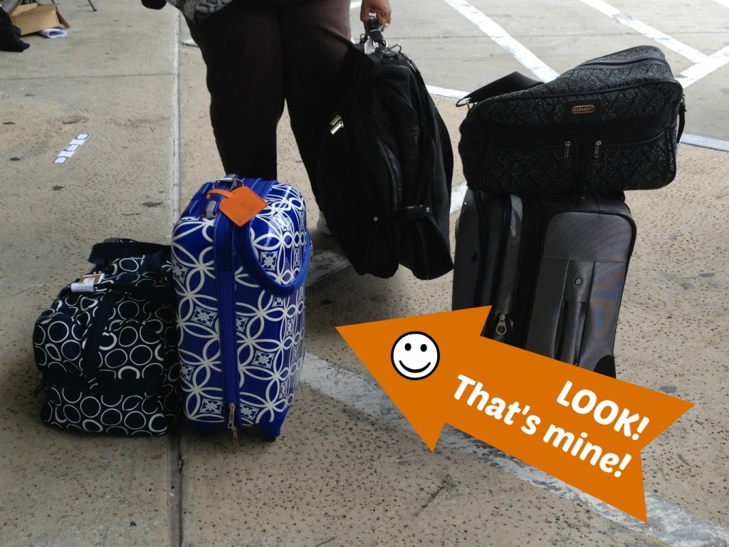 Luggage at a cruise port with an arrow pointing to two bags that says, "Look. That's mine."