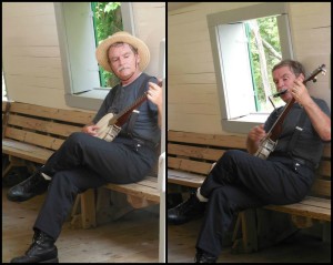 Photo collage of the canal boat ride tour guide in costume in a straw hat, playing his banjo