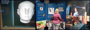 Left: part of the presentation that shows how doctors can view the inside of your head. Middle: Mom trying out the heart monitor. Right: prosthetic arm that visitors can control with robotics.