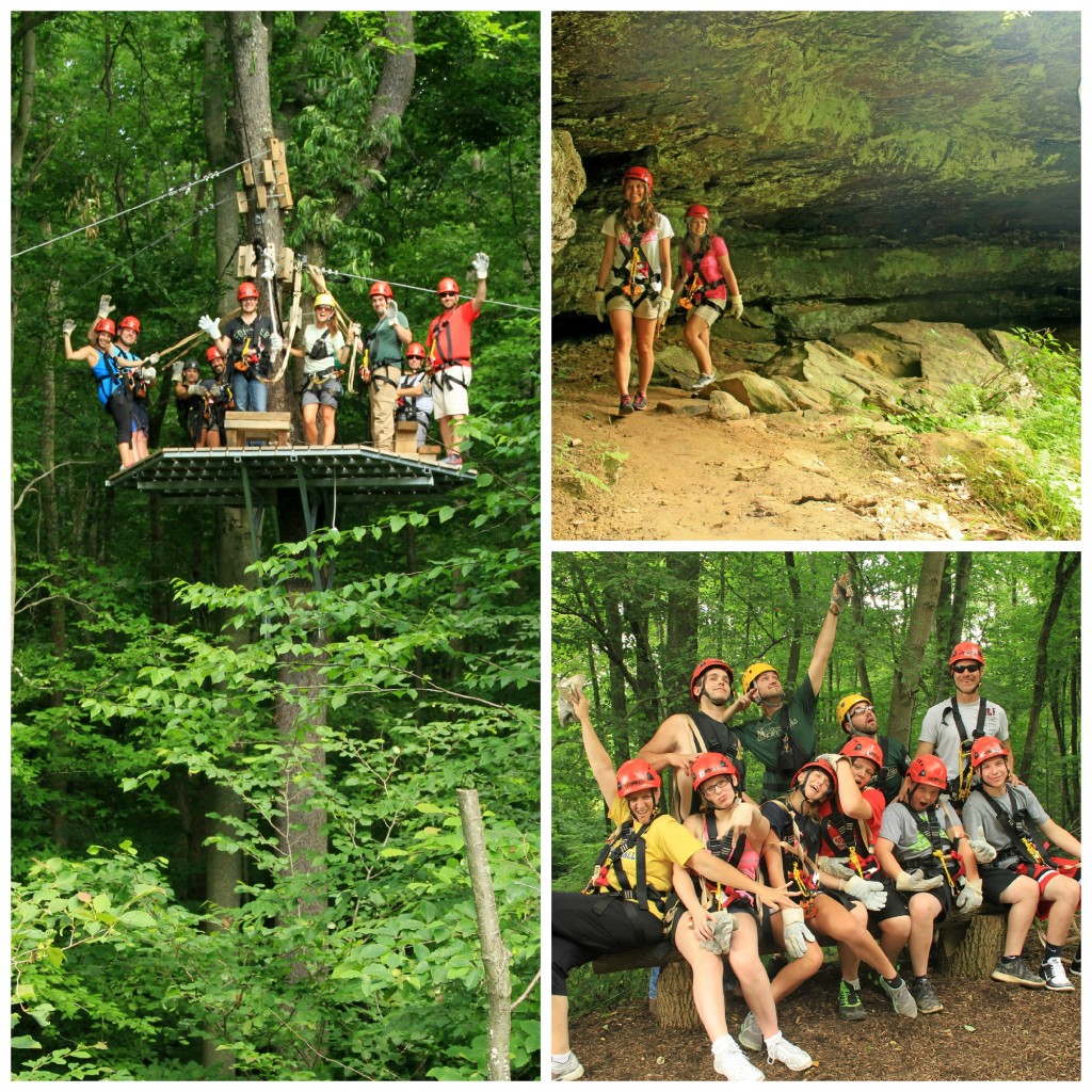 Collage of photos from the Hocking Hills Canopy Tours X-Tour. Shows people standing on a platform, walking out of a cave and posing silly for the camera