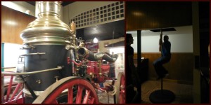 An old firetruck at the fire station and my grandpa sliding down the fire pole!