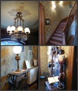 Top left: the light fixture in the Saxton House's foyer; top right: the huge curving staircase that played a role in the restoration of the Saxton House; bottom left: a table and light in the Saxton House's foyer; bottom right: mirror donated to the museum by the Smithsonian.