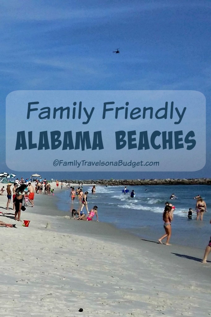 Title image: "Family Friendly Alabama Beaches" shows beach with lots of people playing in the shallow gulf water
