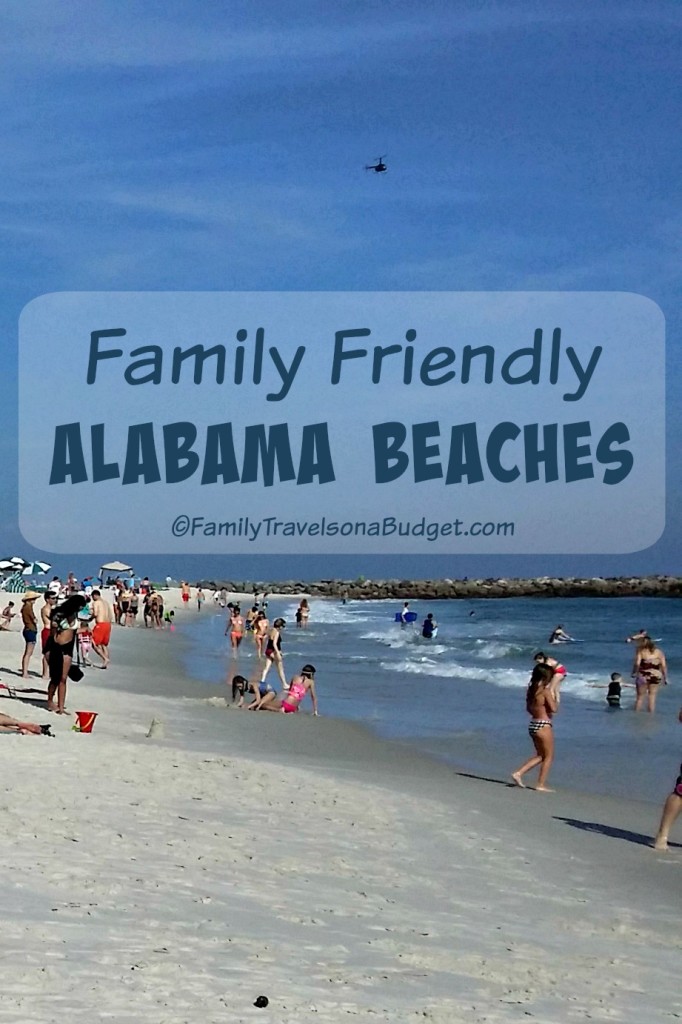 Title image: "Family Friendly Alabama Beaches" shows beach with lots of people playing in the shallow gulf water.