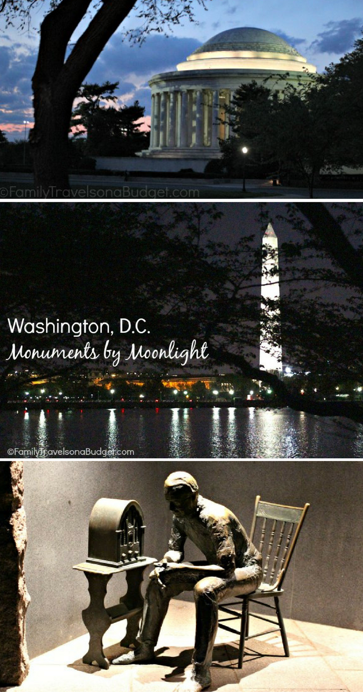 Jefferson Memorial, Washington Memorial and FDR Memorial as seen at night