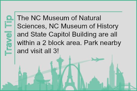 Text, "The NC Museum of Natural Sciences, NC Museum of History and State DCapitl Building are all withinn a 2 block area. Park nearby and visit all 3.".