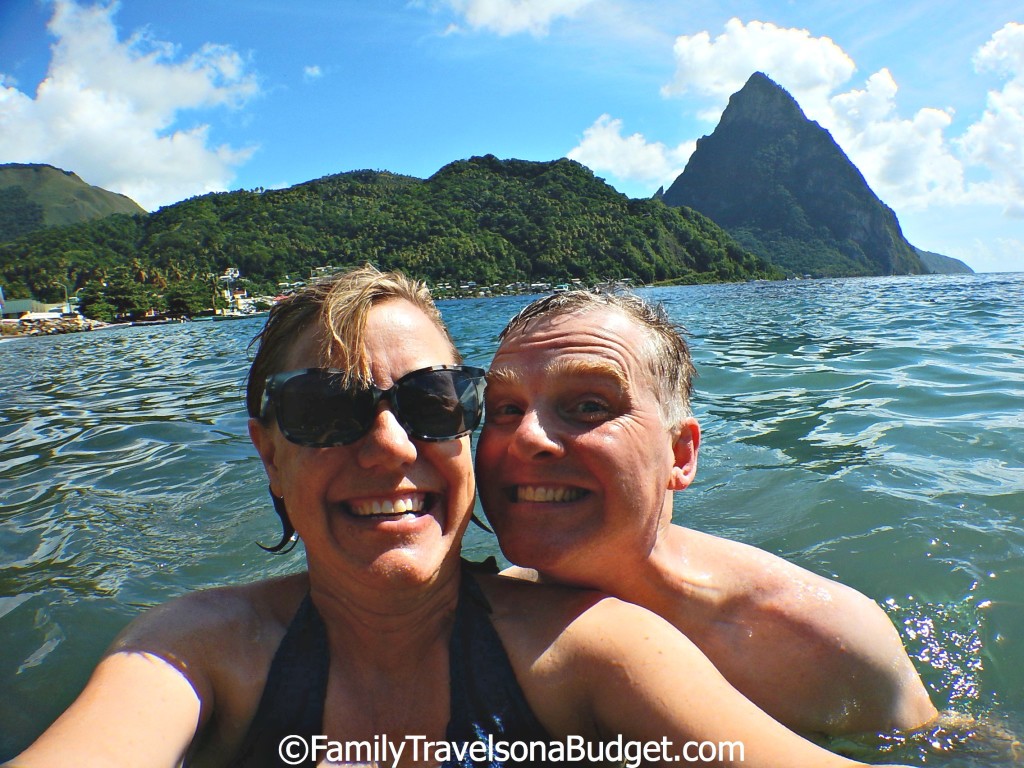 Swimming at the base of the Pitons in St. Lucia on a  cruise shore excursion