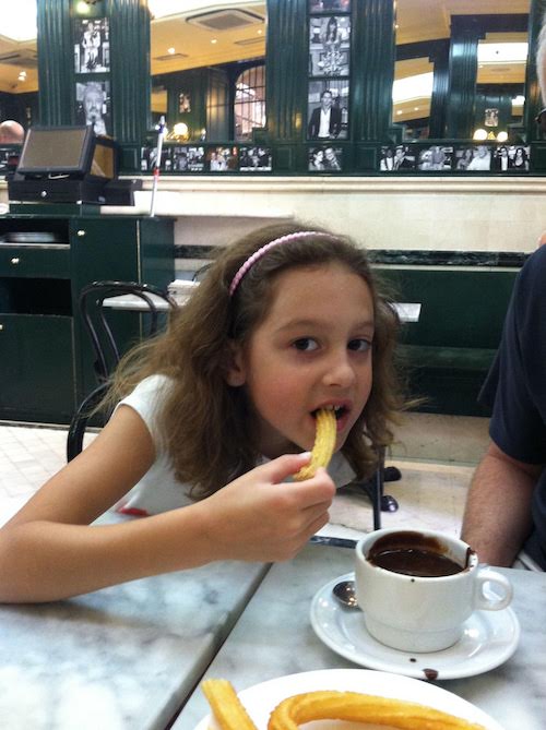 Delicious hot chocolate and churros at Chocolateria San Gimes.