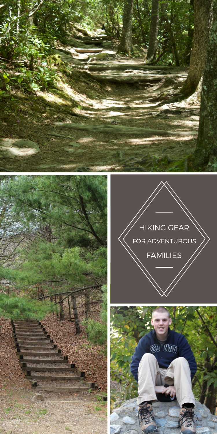 Hiking trail photo montage showing hiking trails in a variety of settings, with young man sitting on a rock in hiking boots. Words say Hiking Gear for Adventurous Families