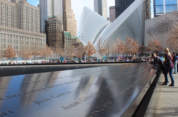 Outside the 911 Memorial in New York City at the fountains