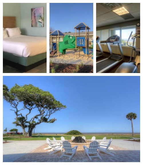 Collage of images from the Holiday Inn Jekyll Island, bed, playground, exercise room and outdoor firepit.