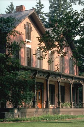 Rutherford B. Hayes, one of the many Ohio presidents homes has a wide front porch, brick facade and ornate woodwork