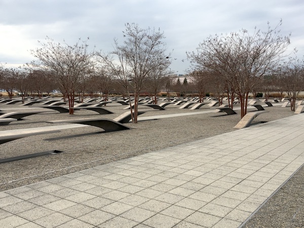 Memorial benches for each person who died at the Pentagon on September 11, 2001.