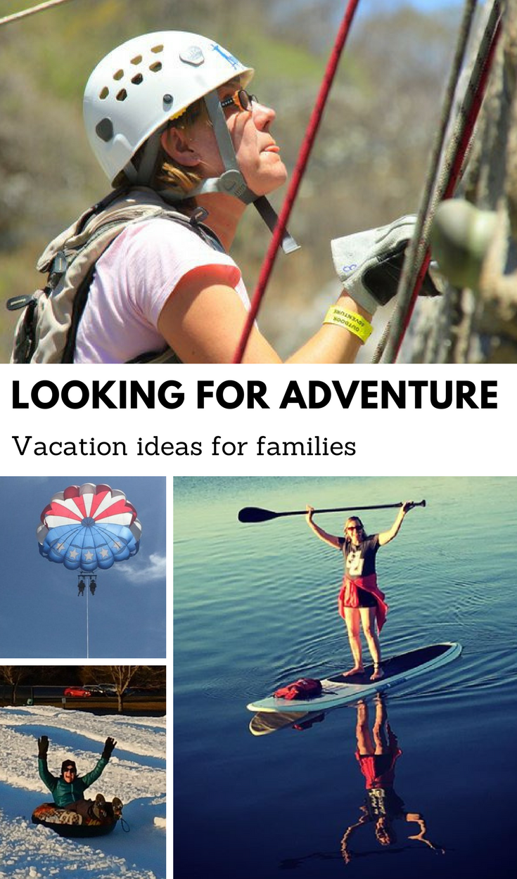 Photo collage of parasailing, snow tubing and paddleboarding with the words, "Adventure ideas for family vacations."