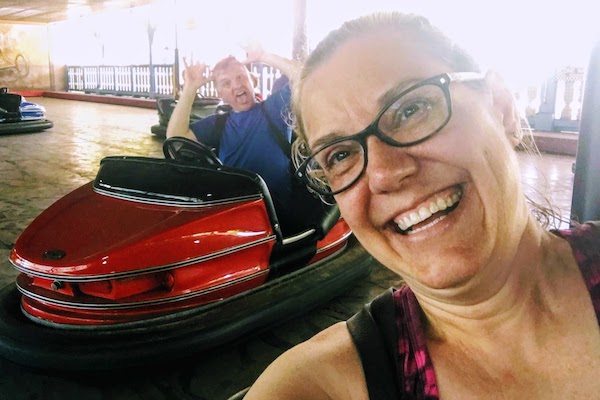 Riding the bumper cars at Busch Gardens.