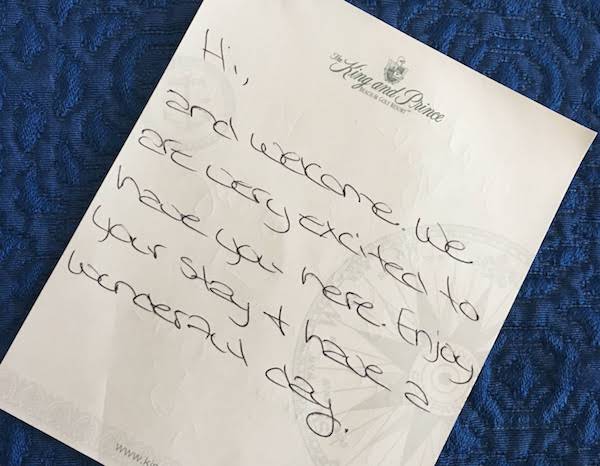 King and Prince in Coastal Georgia, housekeeping leaves notes for guests