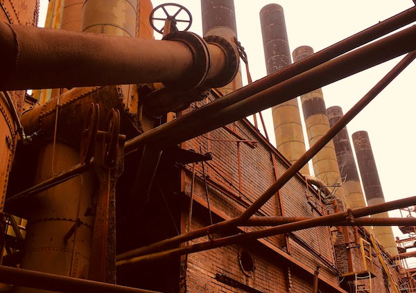 Close up of the steel stacks at Sloss Furnaces in Birmingham, AL