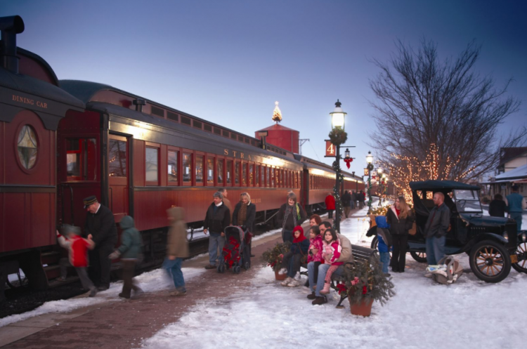 Christmas in Lancaster, PA at Strasburg Rail Road. Christmas train with snowy foreground and Christmas lights