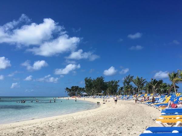 The beach at CocoCay in the Bahamas, where RCCL cruise ships stop 