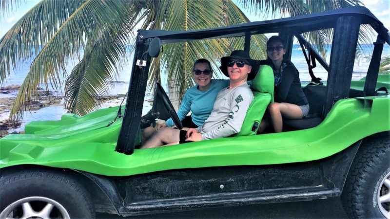 Photo of us in the dune buggy at the beach in Cozumel on an adventure cruise shore excursion