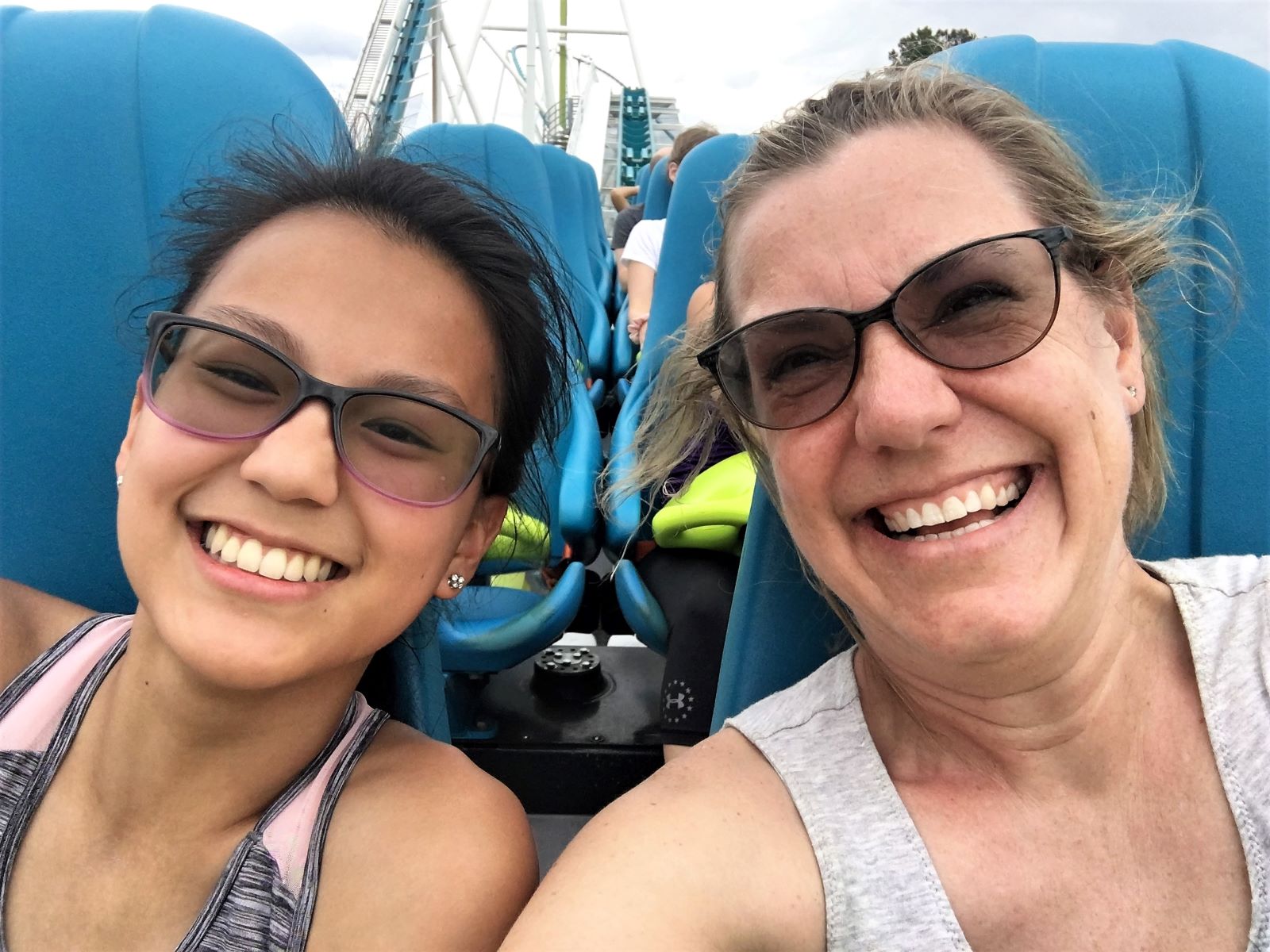 Ellie and me smiling on Fury 325 rollercoaster at Carowinds 