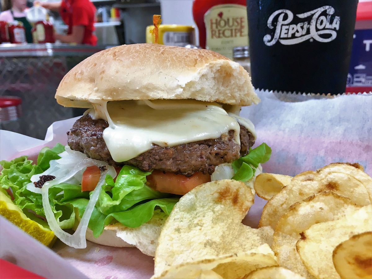 Cheeseburger and chips at the Jolly Trolley Restaurant.