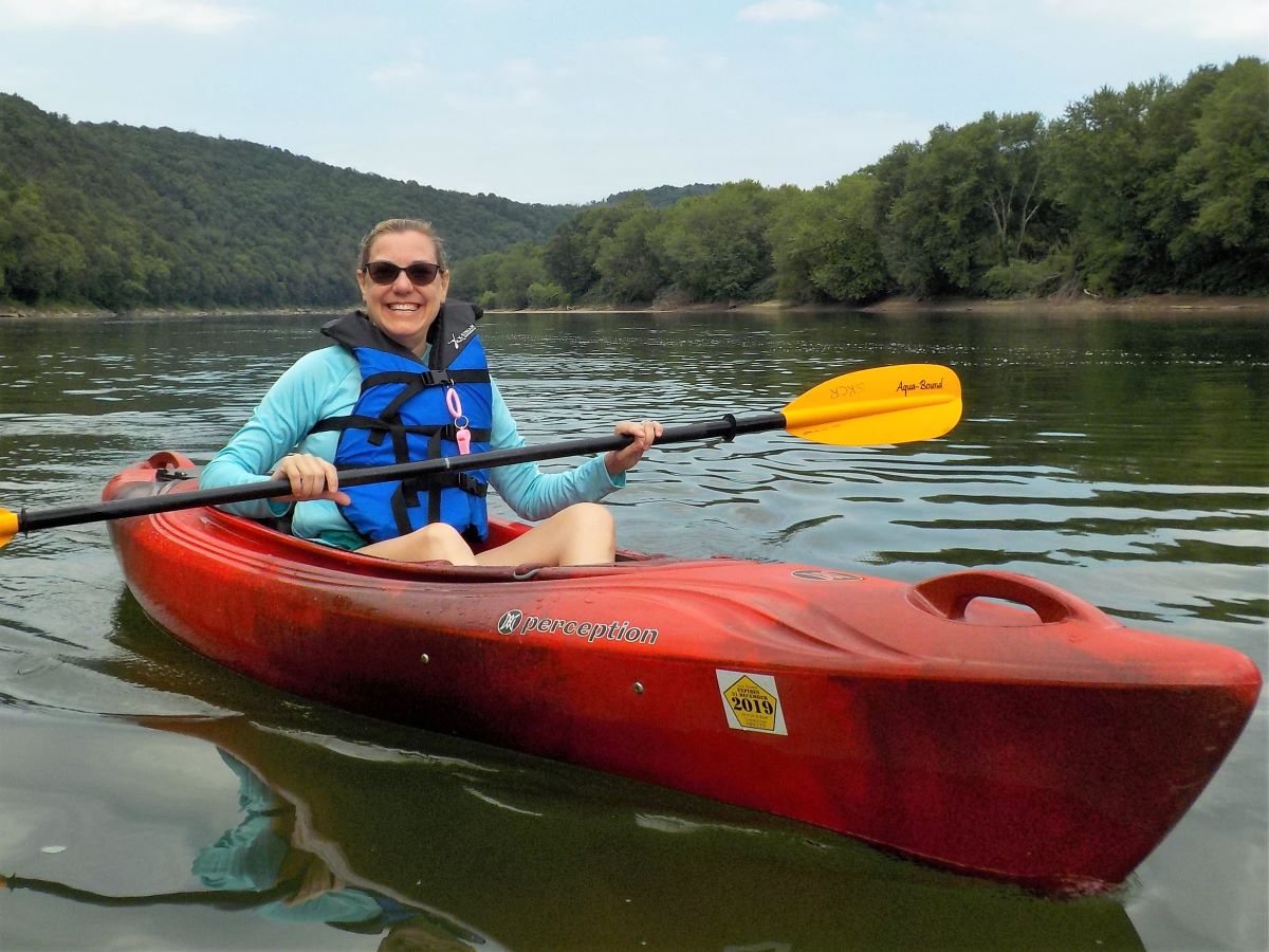 Kayak the Susquehanna, red kayak and yellow paddle
