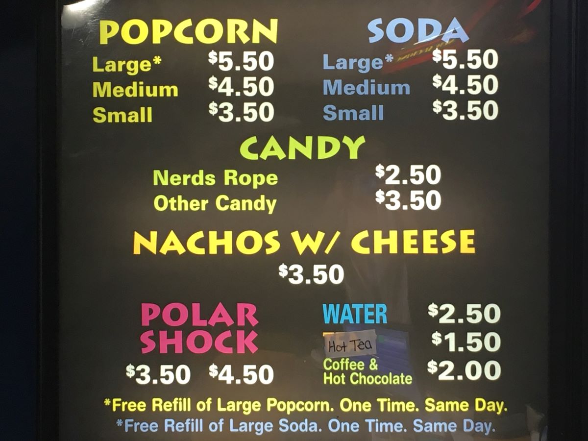 Movie theater snack menu at the Dieterich Theater.