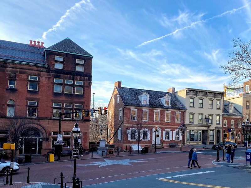 Historic downtown Bethlehem, PA with brick streeets and historic buildings.