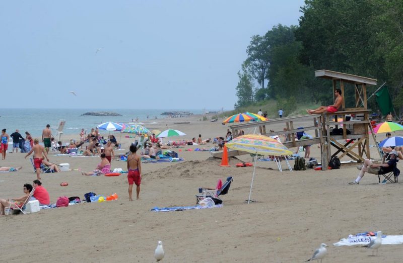 Presque Isle State Park beach with lifeguard, umbrellas and lots of people