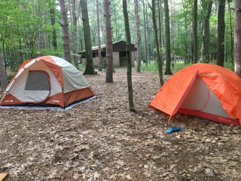 best family campgrounds in NY include Watkins Glen State Park, with tent camping and rustic cabins. This image shows to tents and restroom facilities behind