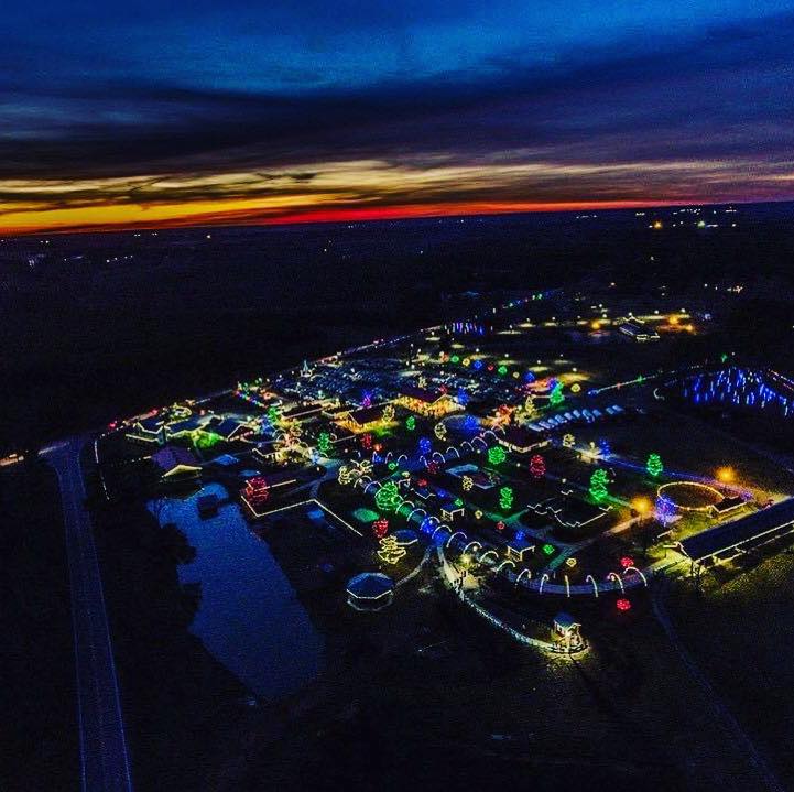 Aerial view of the Hill Ridge Farm festival of lights in Youngsville, NC