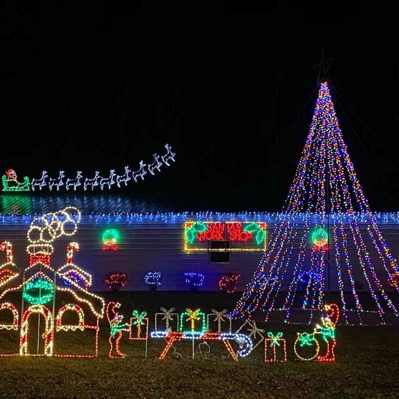 Christmas lights -- tree, elves, Santa's Workshop at Piper Lights in Wake Forest.