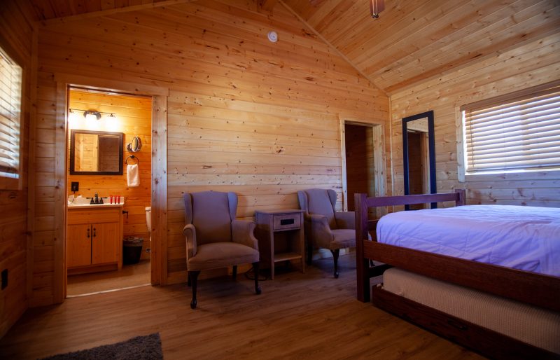 Interior view of the Hualapai cabins at Grand Canyon West. The rustic cabins offer comfort and space, but not TV or cable. Wifi is available.