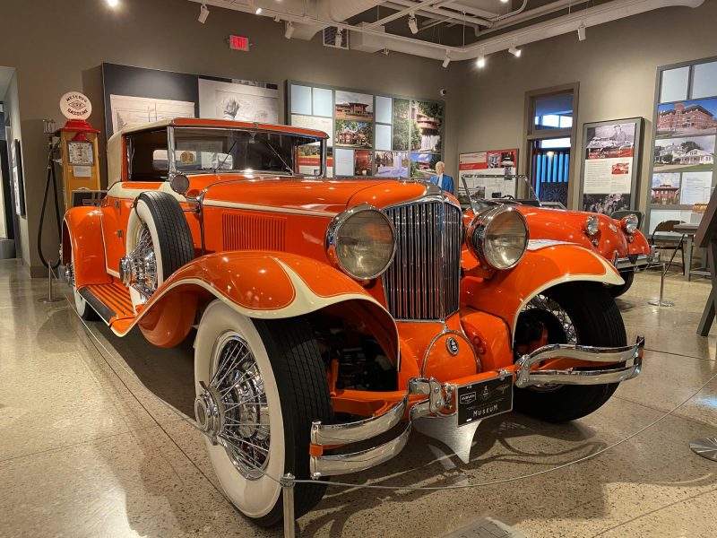 Entrance to the permanent Frank Lloyd Wright exhibit at Hagen History Center includes this flashy, orange car -- like his in the 1930s