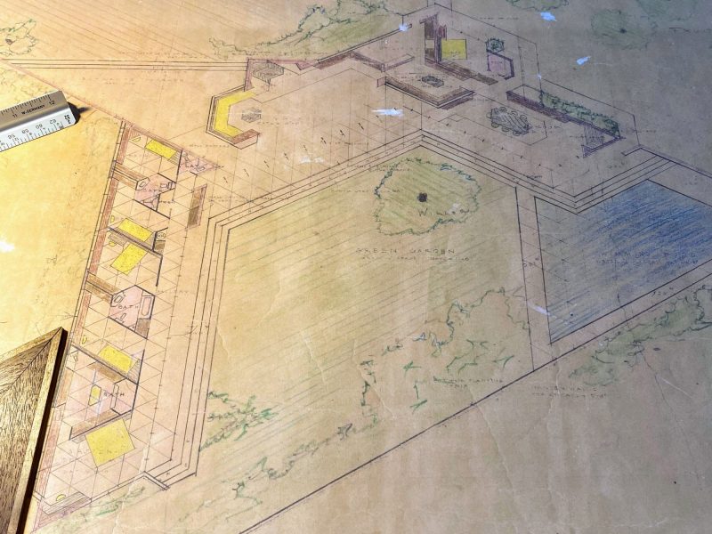 Blueprints for the Fawcett House by Frank Lloyd Wright, on display at the Hagen Center in Erie, PA. Shows FLW did not like 90 degree angles in home design