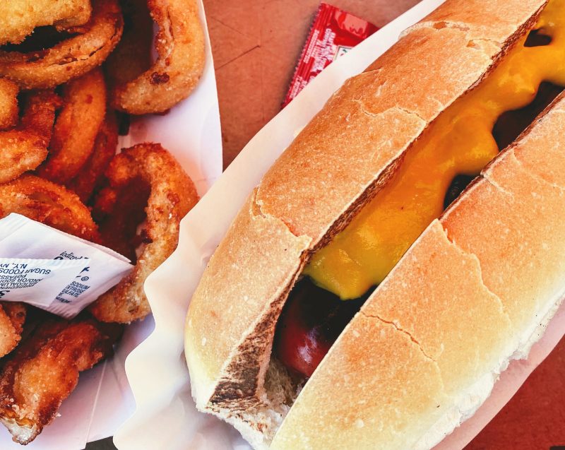 Hot dog and onion rings from Sara's near Presque Isle State Park.