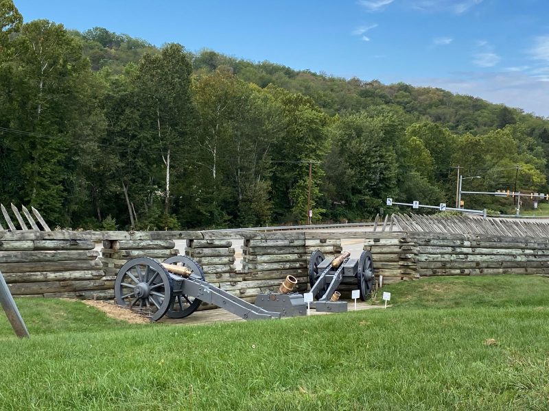 View from inside the walls of Fort Ligonier, looking out over the Laurel Highlands. Cannons set to defend the fort