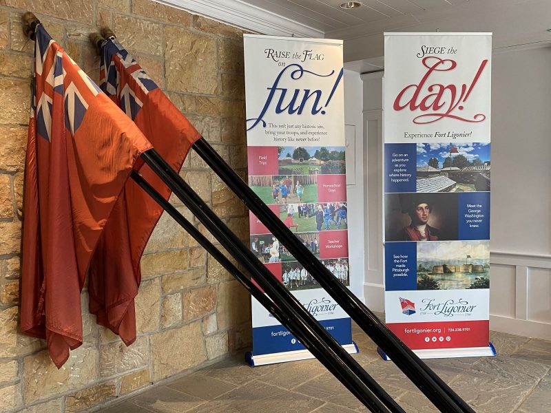 British Flag and signage at entrance to Fort Ligonier Museum